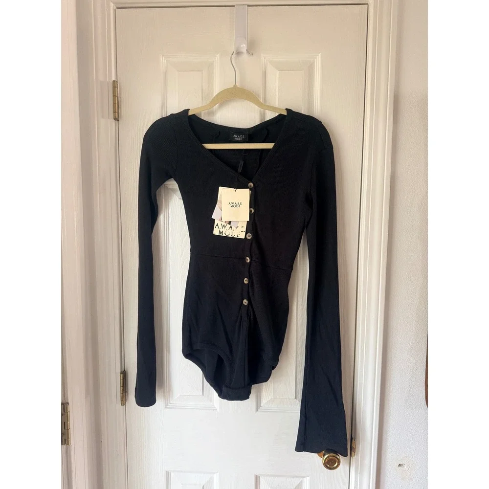 A.W.A.K.E. MODE Asymmetric Neck Playsuit Black Ribbed‎ Cotton Bell Sleeve MEDIUM